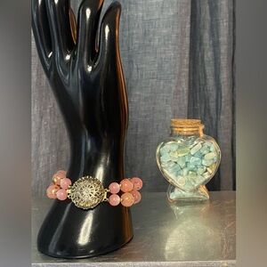 Vintage Double Strand Bracelet‎ Pink Glass Crystal Gold Foil Beads Filigree